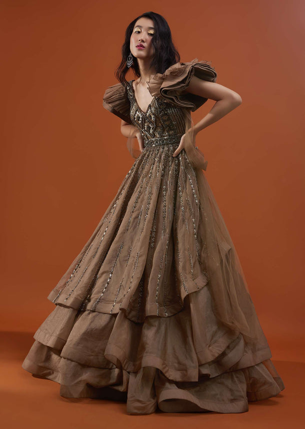 Coffee Brown Gown In Froufrou Organza With Frill Cap Sleeves - NOOR 2022