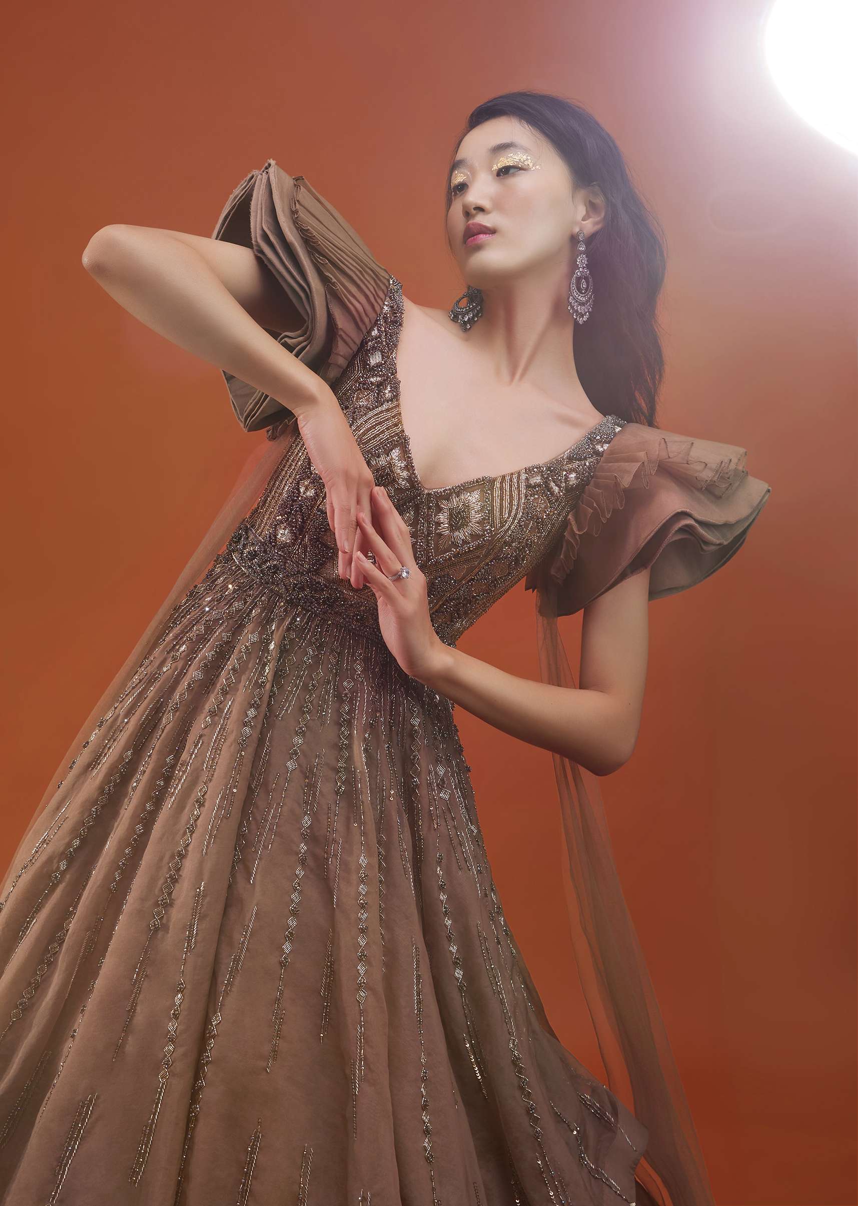 Coffee Brown Froufrou Organza Gown In With Frill Cap Sleeves - NOOR 2022