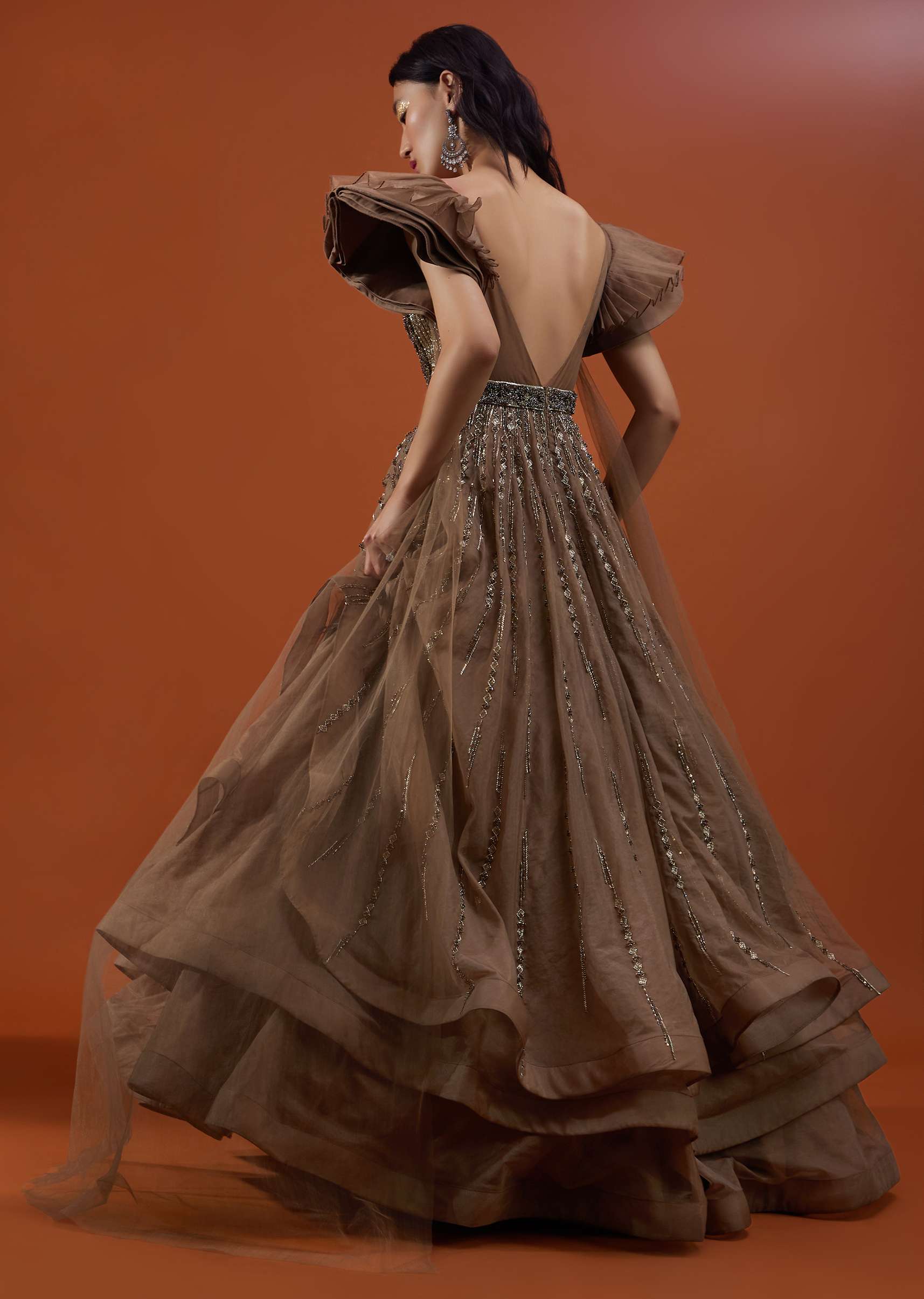 Coffee Brown Gown In Froufrou Organza With Frill Cap Sleeves - NOOR 2022