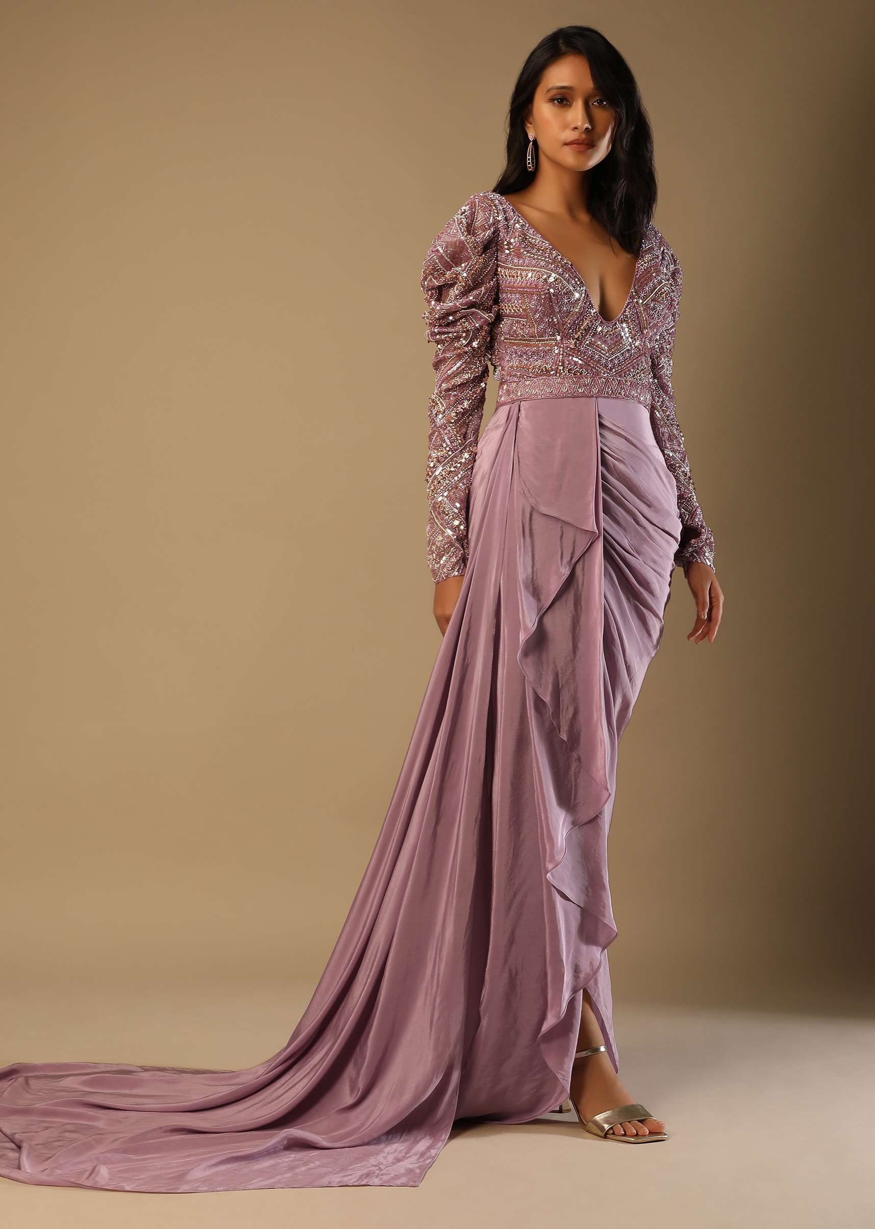 Frozen Mauve Gown In Crepe With Pleated Cowl Drape, Hand Embroidery And Side Trail