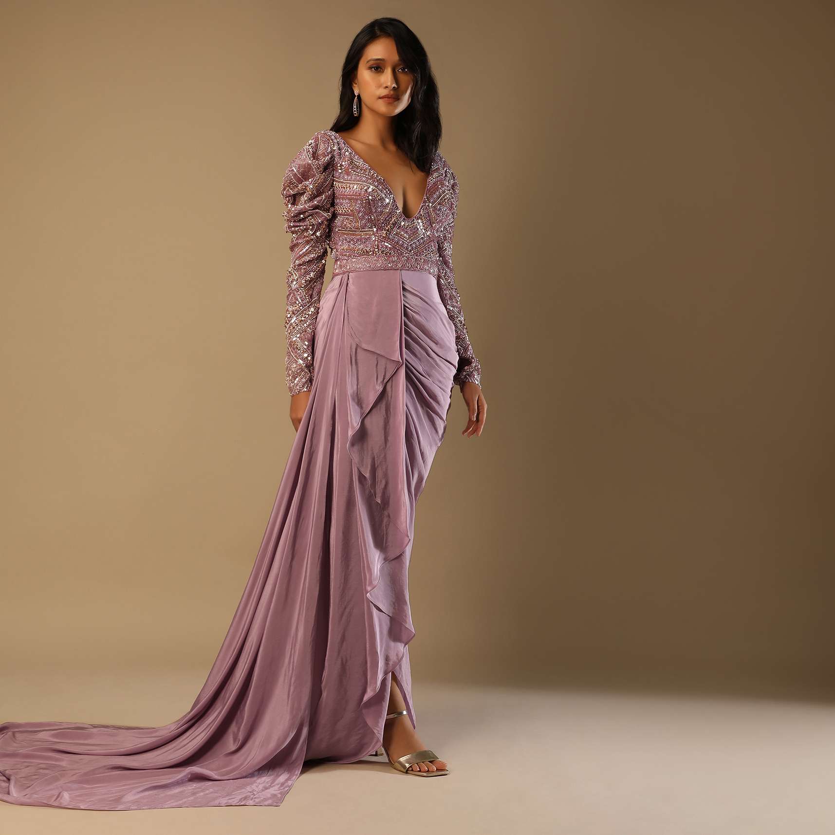 Frozen Mauve Gown In Crepe With Pleated Cowl Drape, Hand Embroidery And Side Trail