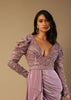 Frozen Mauve Gown In Crepe With Pleated Cowl Drape, Hand Embroidery And Side Trail