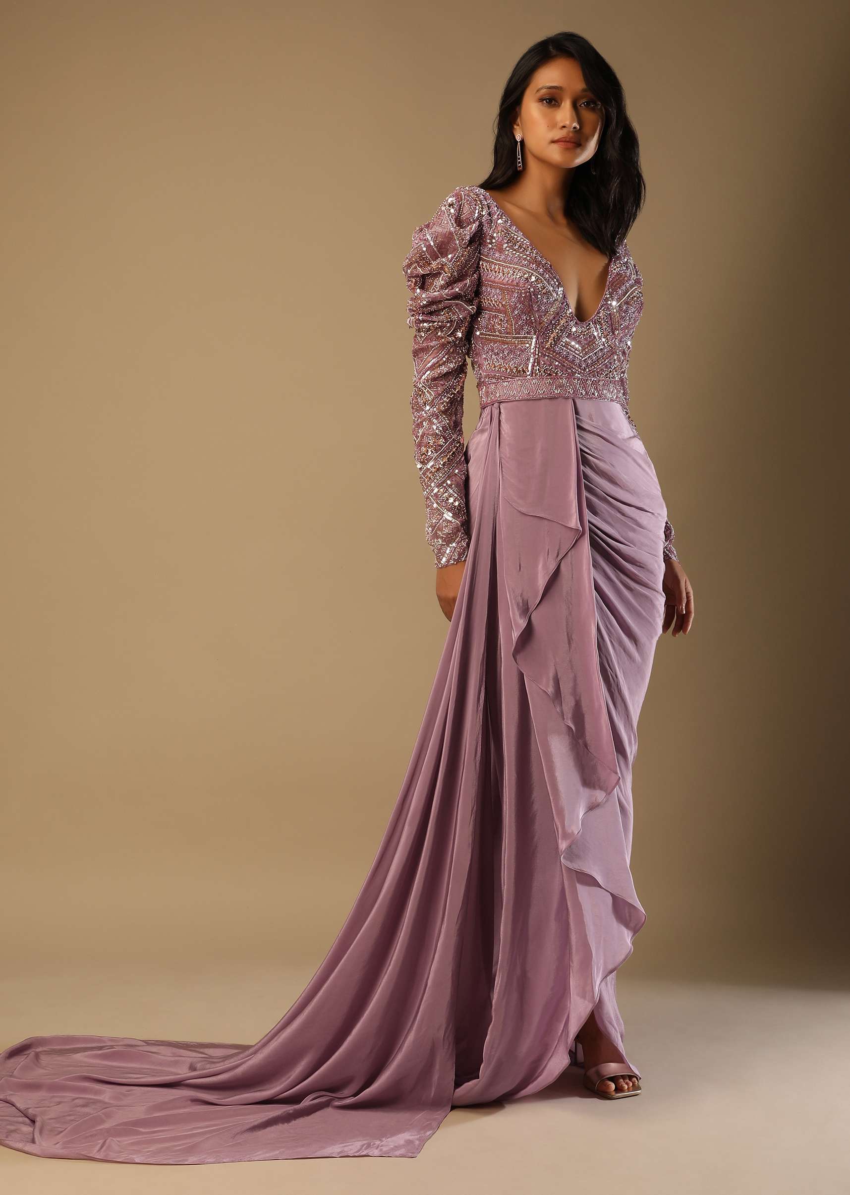 Frozen Mauve Gown In Crepe With Pleated Cowl Drape, Hand Embroidery And Side Trail