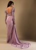 Frozen Mauve Gown In Crepe With Pleated Cowl Drape, Hand Embroidery And Side Trail