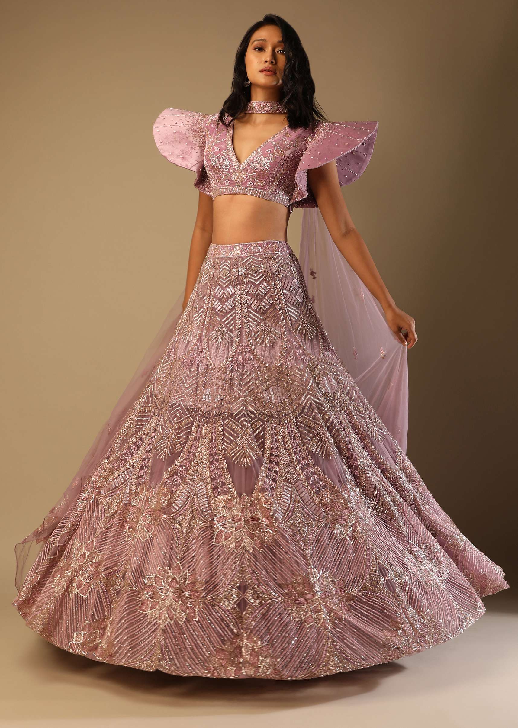 Frozen Mauve Lehenga Choli In Net With Sequins And Cut Dana Embroidered Moroccan Kalis And Fancy Sleeves