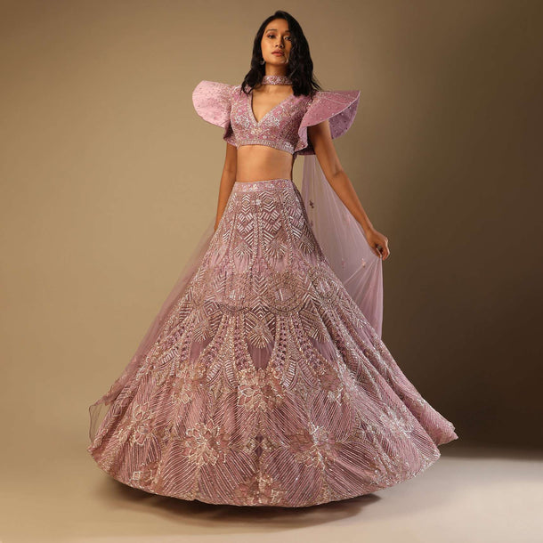 Frozen Mauve Lehenga Choli In Net With Sequins And Cut Dana Embroidered Moroccan Kalis And Fancy Sleeves