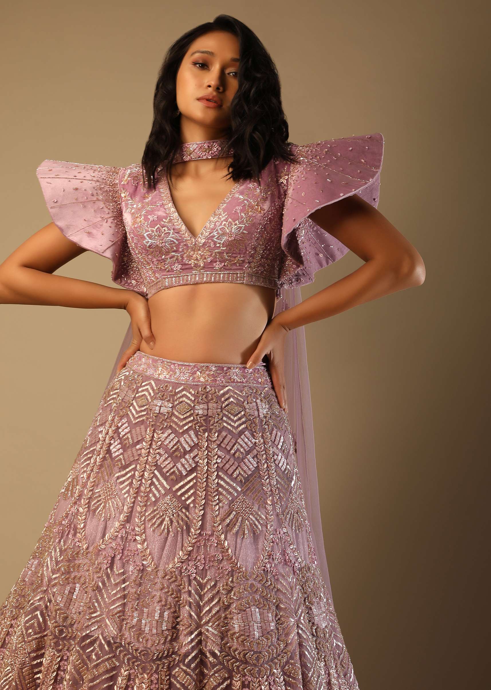 Frozen Mauve Lehenga Choli In Net With Sequins And Cut Dana Embroidered Moroccan Kalis And Fancy Sleeves