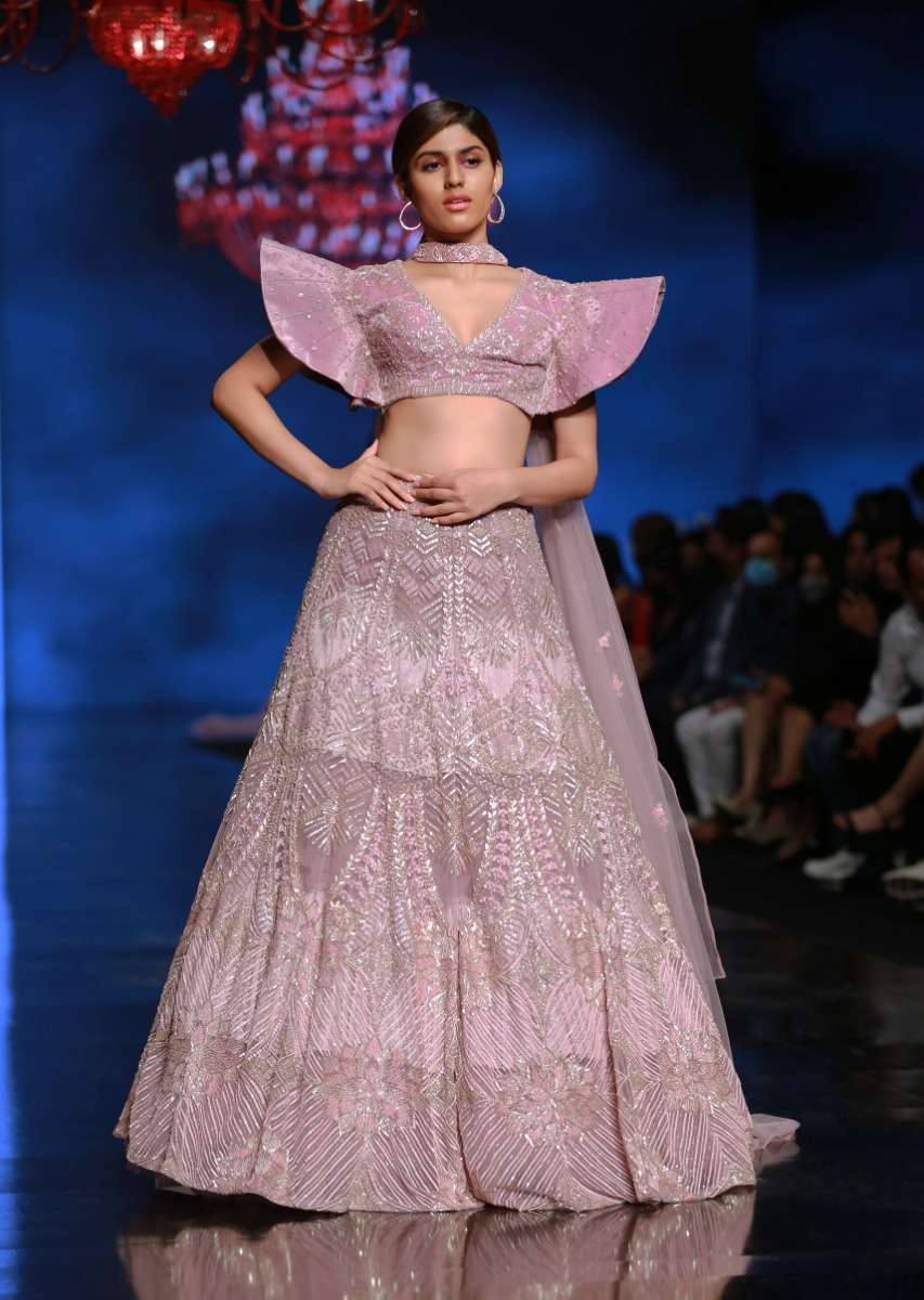 Frozen Mauve Lehenga Choli In Net With Sequins And Cut Dana Embroidered Moroccan Kalis And Fancy Sleeves