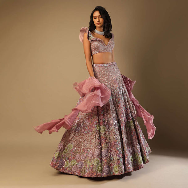 Frozen Mauve Lehenga In Velvet With Multi Colored Embroidered Floral Motifs, Fancy One Shoulder Design And Ruffle Dupatta