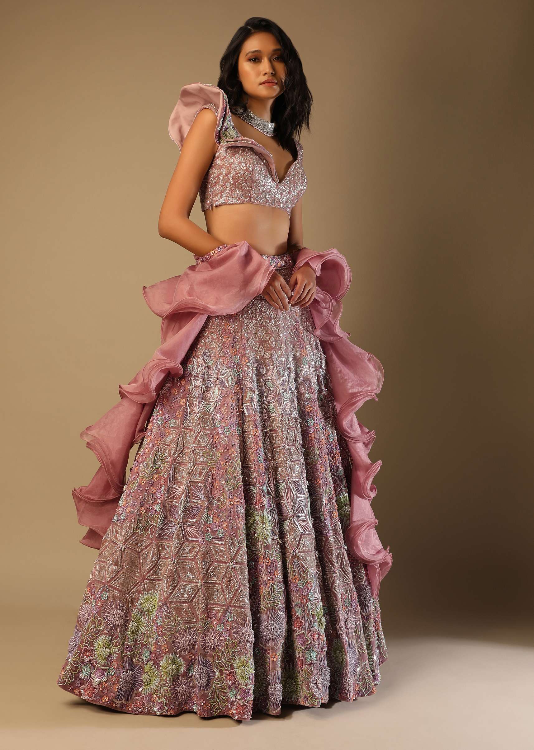 Frozen Mauve Lehenga In Velvet With Multi Colored Embroidered Floral Motifs, Fancy One Shoulder Design And Ruffle Dupatta