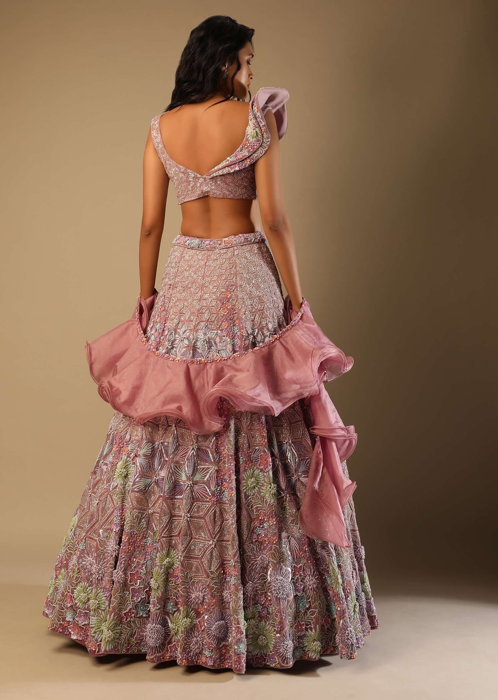 Frozen Mauve Lehenga In Velvet With Multi Colored Embroidered Floral Motifs, Fancy One Shoulder Design And Ruffle Dupatta