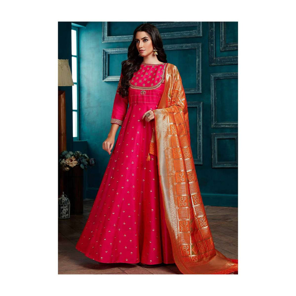 Fuchsia Pink Anarkali Suit With Weaved Buttis And Carrot Orange Banarasi Dupatta Online - Kalki Fashion