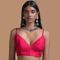 Fuchsia Pink Blouse In Raw Silk With Plunging Neckline And Straps On The Shoulder