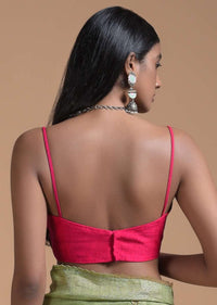 Fuchsia Pink Blouse In Raw Silk With Plunging Neckline And Straps On The Shoulder
