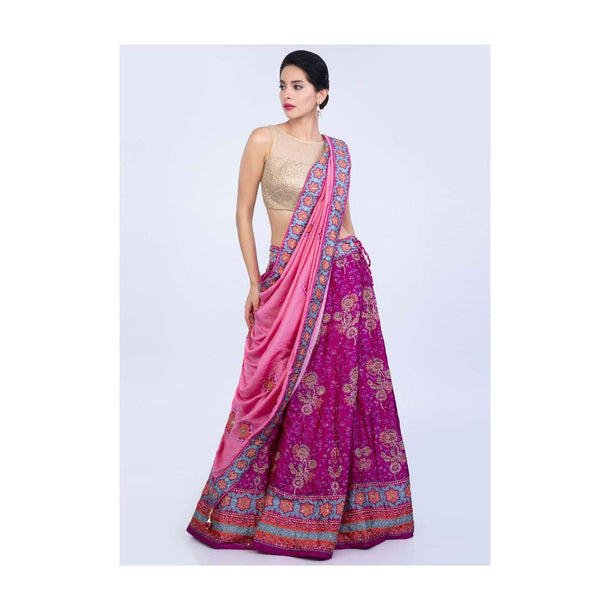 Fuchsia pink floral printed cotton silk lehenga with rouge pink cotton dupatta only on Kalki