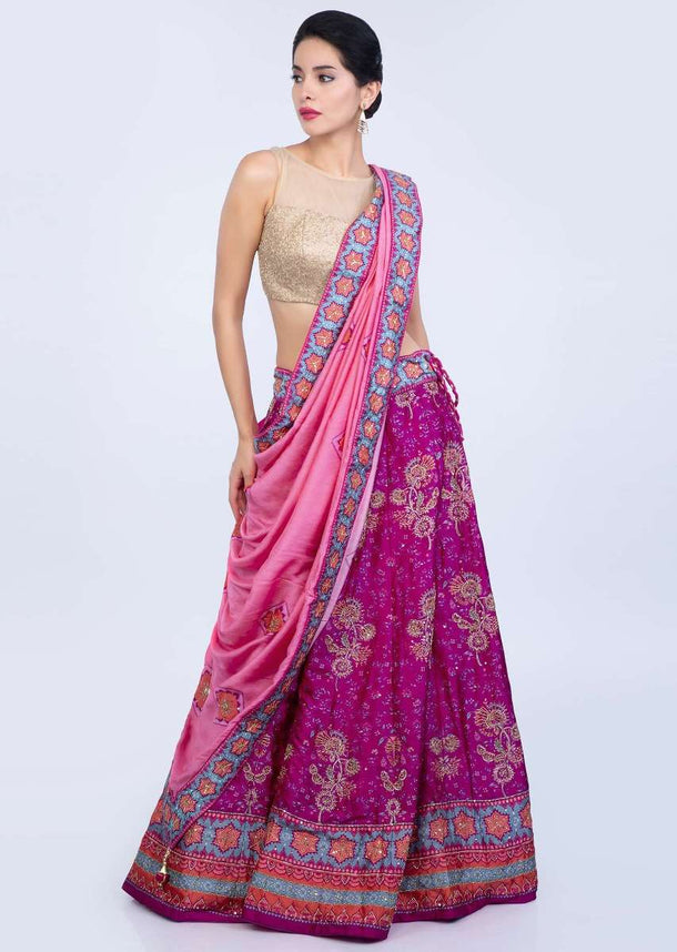 Fuchsia pink floral printed cotton silk lehenga with rouge pink cotton dupatta only on Kalki