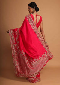 Fuchsia pink khadi silk saree embellished with hand embroideries s and weaved butti Online - Kalki Fashion