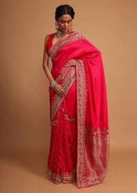 Fuchsia pink khadi silk saree embellished with hand embroideries s and weaved butti Online - Kalki Fashion