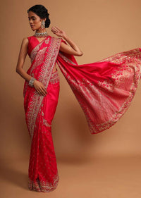 Fuchsia pink khadi silk saree embellished with hand embroideries s and weaved butti Online - Kalki Fashion