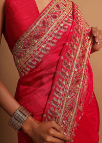 Fuchsia pink khadi silk saree embellished with hand embroideries s and weaved butti Online - Kalki Fashion