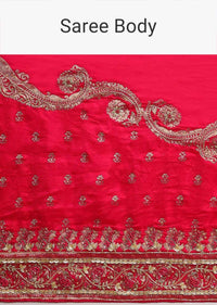 Fuchsia pink khadi silk saree embellished with hand embroideries s and weaved butti Online - Kalki Fashion