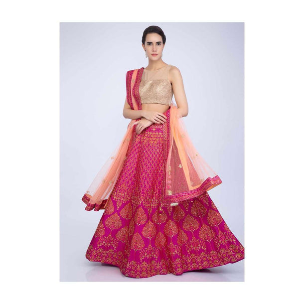 Fuchsia Pink Printed Lehenga With Contrasting Peach Net Dupatta Online - Kalki Fashion