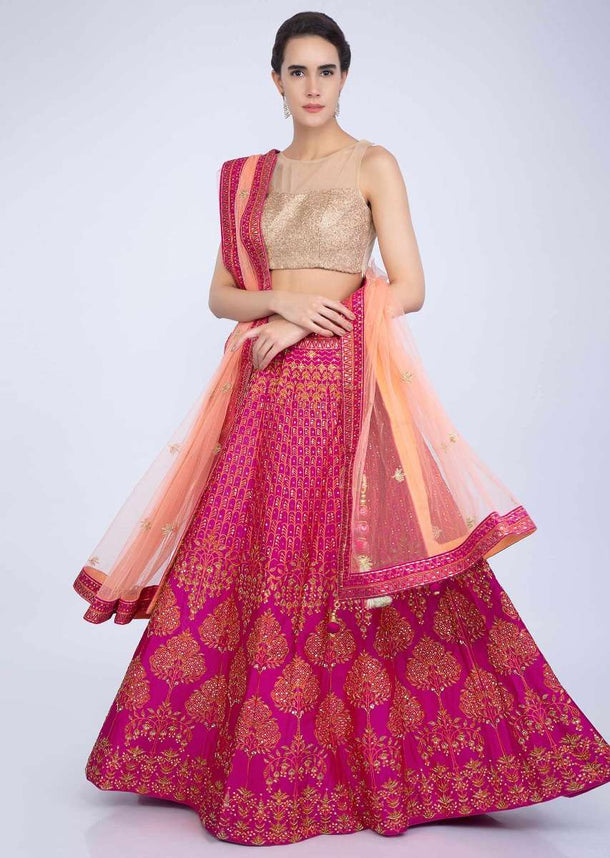 Fuchsia Pink Printed Lehenga With Contrasting Peach Net Dupatta Online - Kalki Fashion