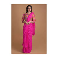 Fuchsia Pink Ready Pleated Ruffle Saree With Lehariya Print And Patola Printed Blouse Online - Kalki Fashion