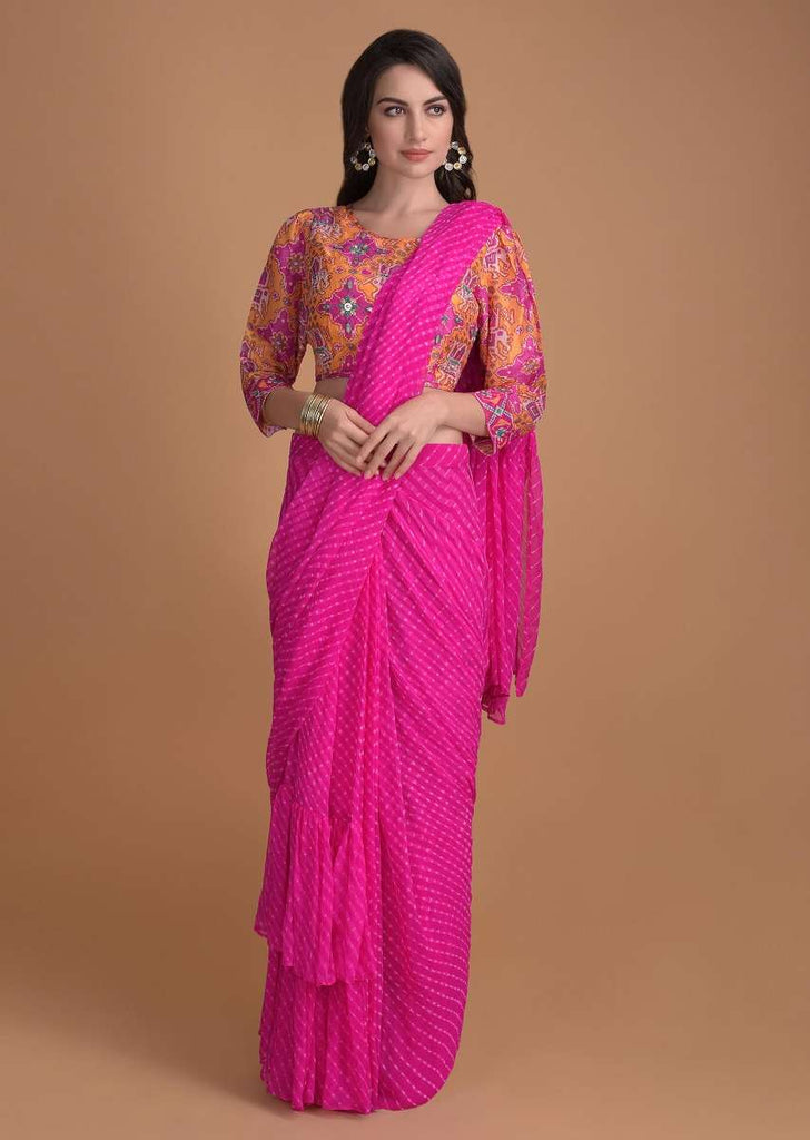 Fuchsia Pink Ready Pleated Ruffle Saree With Lehariya Print And Patola Printed Blouse Online - Kalki Fashion