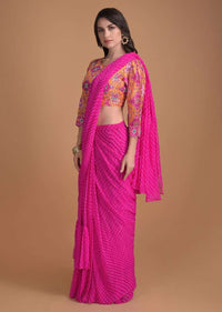 Fuchsia Pink Ready Pleated Ruffle Saree With Lehariya Print And Patola Printed Blouse Online - Kalki Fashion