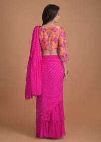 Fuchsia Pink Ready Pleated Ruffle Saree With Lehariya Print And Patola Printed Blouse Online - Kalki Fashion