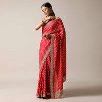 Fuchsia Pink Saree In Brocade Silk With Woven Stripes And Gotta Embroidered Border Along With Unstitched Blouse