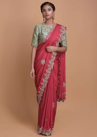 Fuchsia Pink Saree In Satin Silk With Embroidered Floral Buttis And Border Online - Kalki Fashion