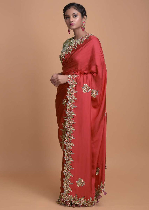 Fuchsia Pink Saree In Satin Silk With Embroidered Floral Buttis And Border Online - Kalki Fashion