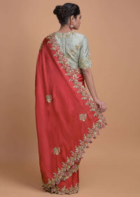 Fuchsia Pink Saree In Satin Silk With Embroidered Floral Buttis And Border Online - Kalki Fashion