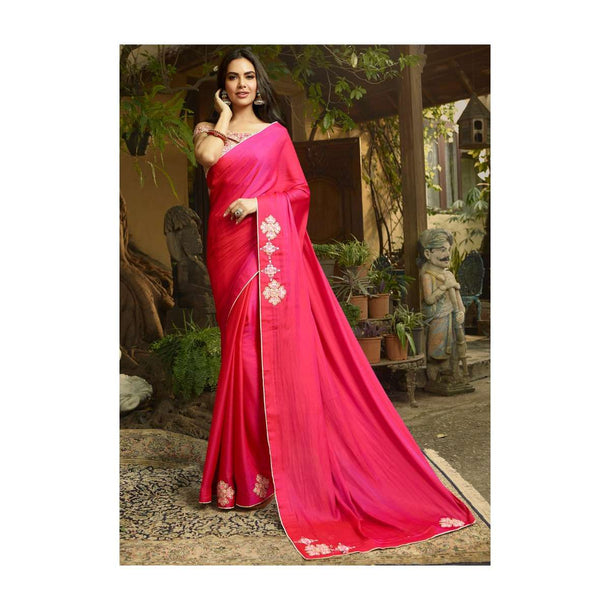 Fuchsia Pink Saree In Silk Embellished In Resham Embroidery Online - Kalki Fashion