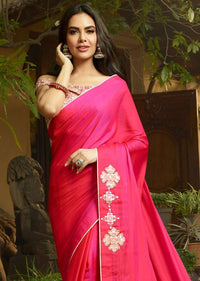 Fuchsia Pink Saree In Silk Embellished In Resham Embroidery Online - Kalki Fashion