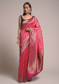 Fuchsia Pink Saree In Silk With Woven Bandhani And Mesh Design And Magenta Border Online - Kalki Fashion