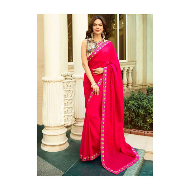 Fuchsia pink saree with floral embroidered unstitched blouse Online - Kalki Fashion