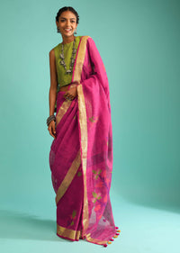 Fuchsia Rose Saree In Linen Blend With Colorful Thread Embroidered Floral Motifs And Matching Unstitched Blouse Online - Kalki Fashion