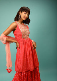 Fuchsia Peplum Sharara Suit With Bandhani And Lehariya Print And Adorned In Resham And Mirror Embroidery In Floral Design