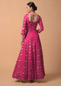 Fuchsia Pink Anarkali Suit In Silk With Woven Patola Design And Abla Embroidered Neckline