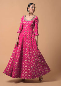Fuchsia Pink Anarkali Suit In Silk With Woven Patola Design And Abla Embroidered Neckline