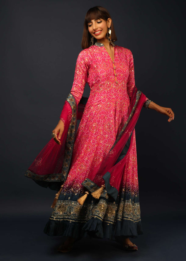 Fuchsia Pink And Navy Blue Shaded Anarkali Suit In Brocade Silk With Bandhani Print All Over