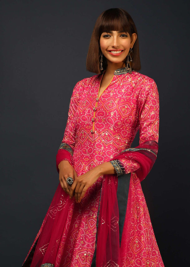 Fuchsia Pink And Navy Blue Shaded Anarkali Suit In Brocade Silk With Bandhani Print All Over