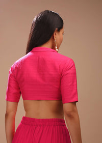 Fuchsia Pink Blouse In Raw Silk With Plunging Collar Neckline And Half Sleeves