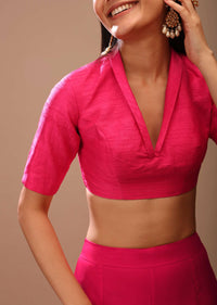 Fuchsia Pink Blouse In Raw Silk With Plunging Collar Neckline And Half Sleeves