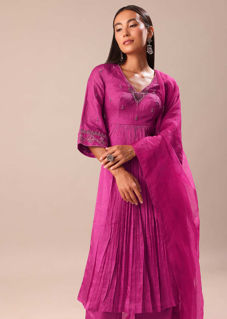Fuchsia Pink Hand Embroidered Kurta Palazzo Set