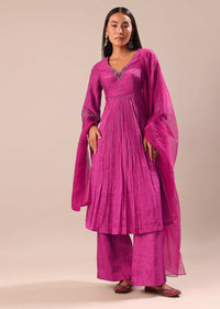 Fuchsia Pink Hand Embroidered Kurta Palazzo Set