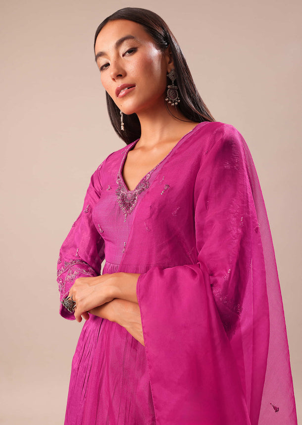 Fuchsia Pink Hand Embroidered Kurta Palazzo Set